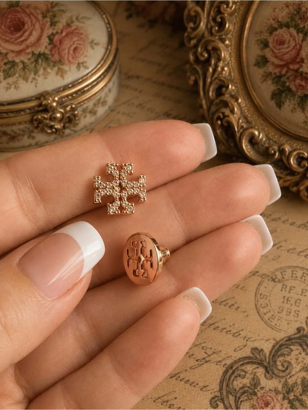 TORY BURCH • Rose Gold Crystal Logo Earrings